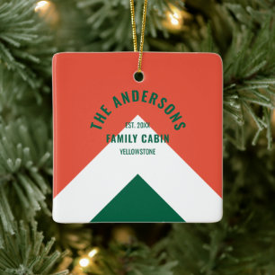 Family Cabin Personalised Name Red Green Retro Ceramic Ornament