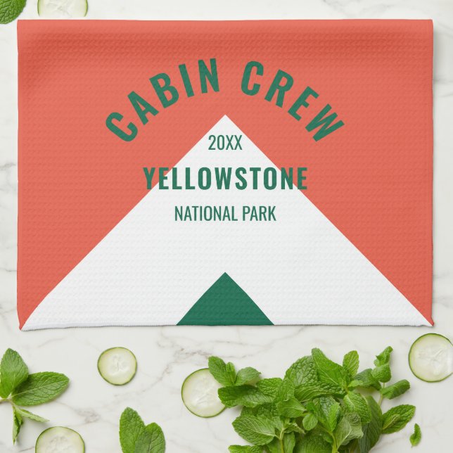 Family Cabin Personalised Name Red Green Retro Tea Towel (Folded)