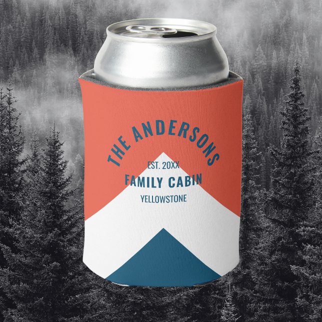 Family Cabin Personalised Name Red Navy Retro Can Cooler (Creator Uploaded)
