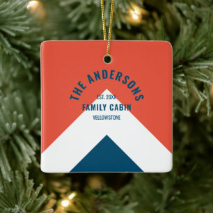 Family Cabin Personalised Name Red Navy Retro Ceramic Ornament