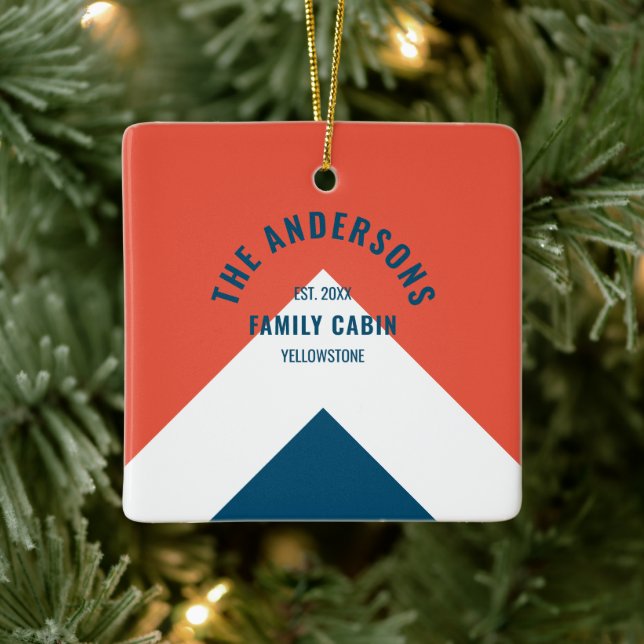 Family Cabin Personalised Name Red Navy Retro Ceramic Ornament (Tree)