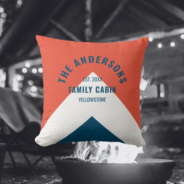 Family Cabin Personalised Name Red Navy Retro Cushion (Creator Uploaded)