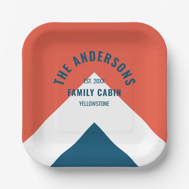 Family Cabin Personalised Name Red Navy Retro Paper Plate (Front)