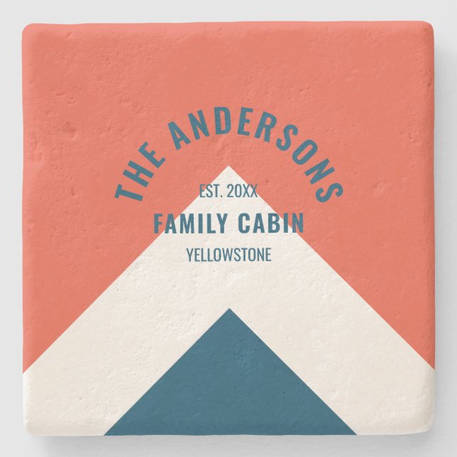 Family Cabin Personalised Name Red Navy Retro Stone Coaster (Front)