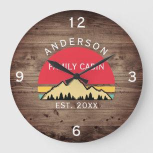 Family Cabin Rustic Retro Trees Family Name  Large Clock