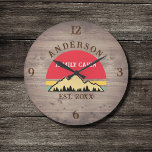 Family Cabin Rustic Retro Trees Family Name  Large Clock<br><div class="desc">Transform your home into a cosy retreat with our Family Cabin Rustic Retro Trees Family Name Large Clock. This charming timepiece brings the rustic beauty of the great outdoors right into your living space. Featuring a vintage-inspired design with rustic retro trees, it adds a touch of nostalgia to any room....</div>