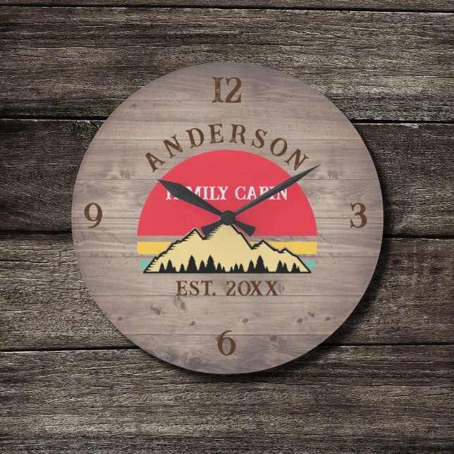Family Cabin Rustic Retro Trees Family Name  Large Clock (Creator Uploaded)