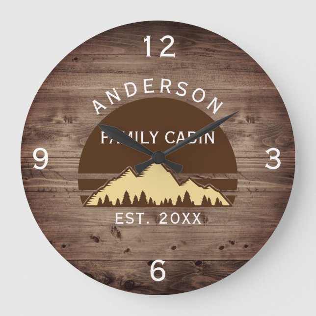 Family Cabin Rustic Retro Trees Family Name  Large Clock (Front)