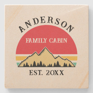Family Cabin Rustic Retro Trees Family Name  Stone Coaster