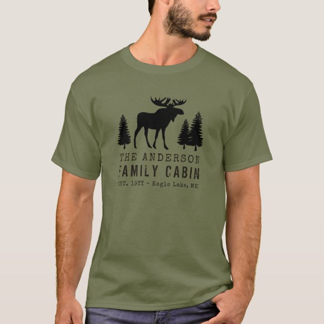 Family Cabin Rustic Silhouette Moose Pine Trees T-Shirt (Front)
