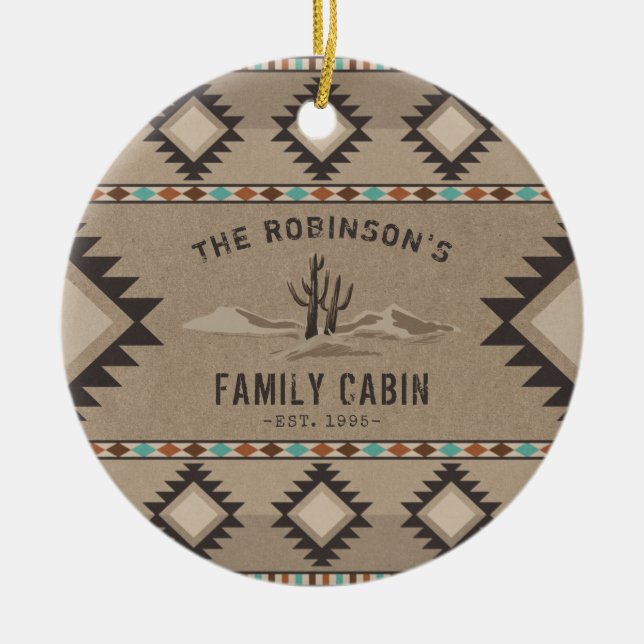 Family Cabin Rustic Southwest Native Tribal Cactus Ceramic Ornament (Front)