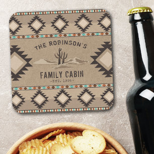 Family Cabin Rustic Southwest Native Tribal Cactus Square Paper Coaster