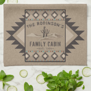 Family Cabin Rustic Southwest Native Tribal Cactus Tea Towel