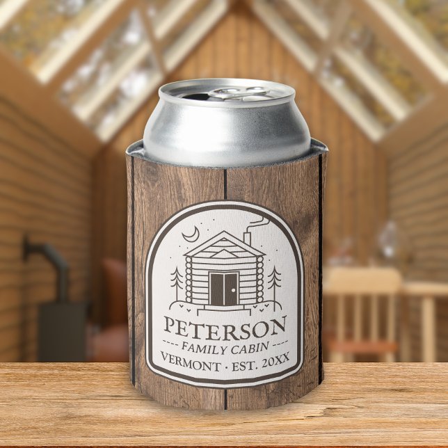Family Cabin Rustic Wood Personalised Decor Can Cooler (Family Cabin Rustic Custom Personalized Can Cooler - Retro Wood Aesthetic Decor for Cabin)
