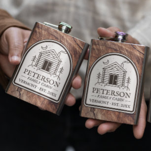 Family Cabin Rustic Wood Personalised Decor Hip Flask