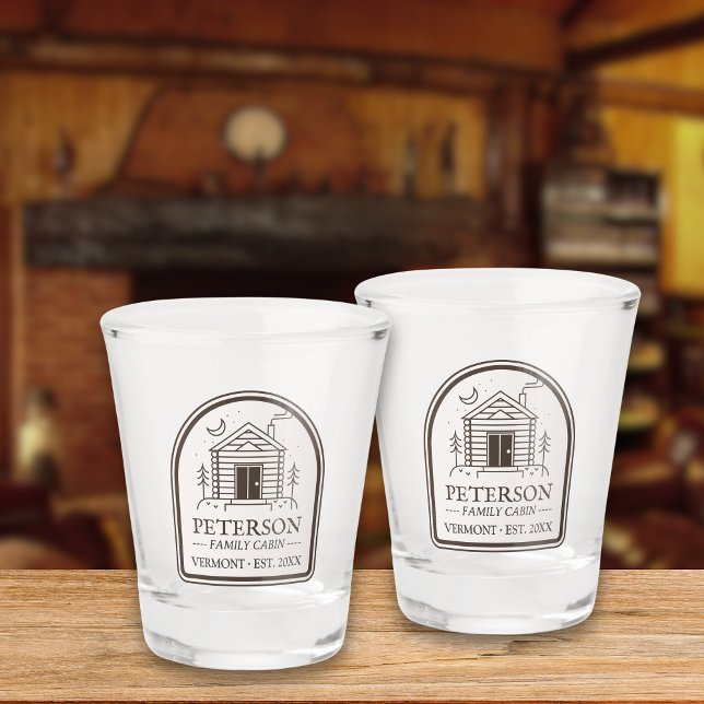 Family Cabin Rustic Wood Personalised Decor Shot Glass (Personalized Family Cabin Date Established Rustic Decor Custom Shot Glass)