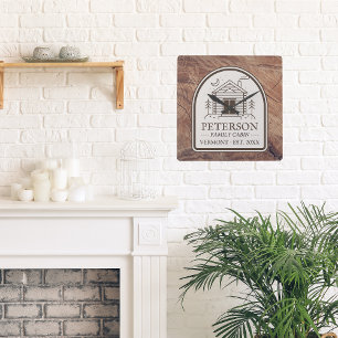 Family Cabin Rustic Wood Personalised Decor Square Wall Clock