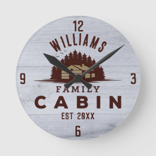Family Cabin Rustic Wood Personalised Round Clock