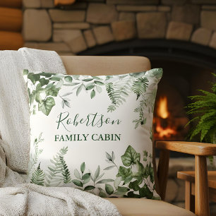 Family Cabin Watercolor Ivy Sage Ferns Botanical Cushion