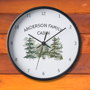 Family Cabin Watercolor Pine Forest and mountain Clock