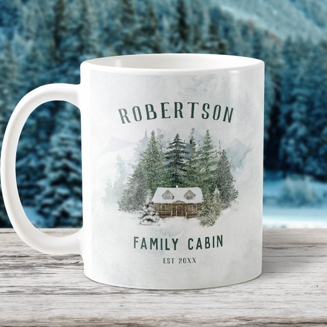 Family Cabin Winter Pine Forest Personalised Coffee Mug (Creator Uploaded)
