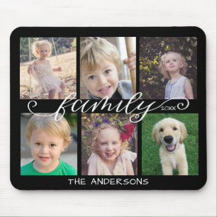 Family Calligraphy 6 Photo Collage Black Mouse Pad