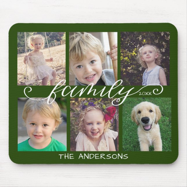 Family Calligraphy Dark Green 6 Photo Collage Mouse Pad (Front)