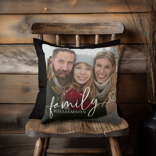 Family Calligraphy Heart Script Typography Photo Cushion
