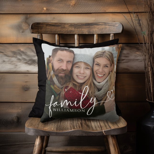 Family Calligraphy Heart Script Typography Photo Cushion (Creator Uploaded)