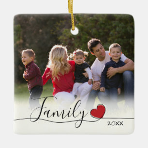 Family Calligraphy Red Heart   Photo Christmas Ceramic Ornament