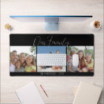 Family Calligraphy Script 3 Photos Black Desk Mat<br><div class="desc">A simple design to showcase your family photos on this desk mat. The design offers three photos accented with handwriting script that reads: Our Family. Personalised with your family name and their year. The background colour can be changed.</div>