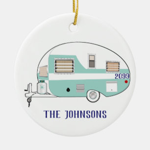 Family Camping RV Trailer Camper Round Christmas Ceramic Ornament