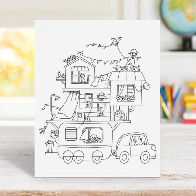 Family Camping Trailer Colouring Page Rubber Stamp (Creator Uploaded)