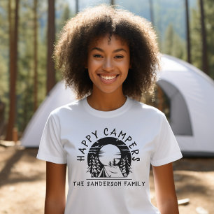 Family Camping Trip Happy Campers Black White Name T-Shirt