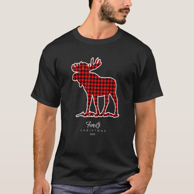 Family Christmas 2022 Buffalo Plaid Red Black Moos T-Shirt (Front)