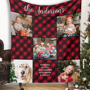 Family Christmas 5 Photo Collage Custom Red Plaid Fleece Blanket