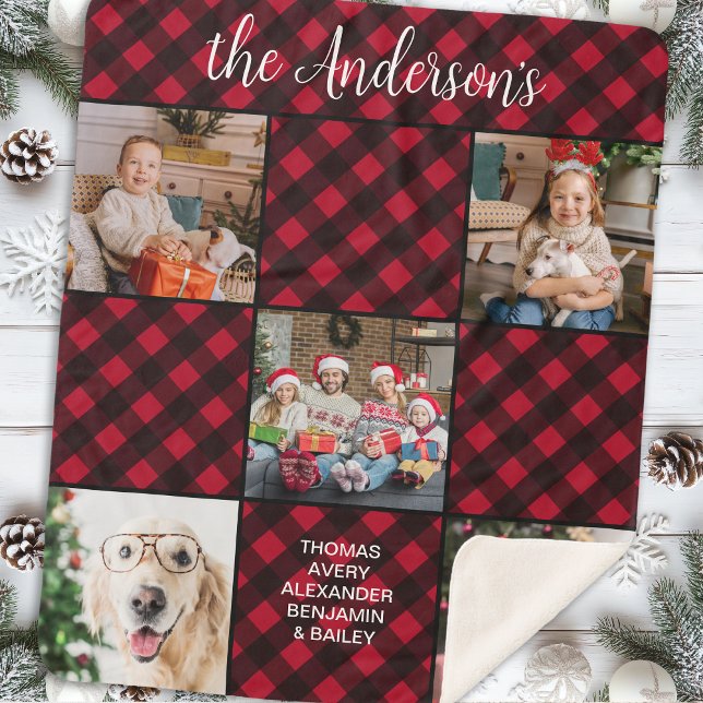 Family Christmas 5 Photo Collage Custom Red Plaid Sherpa Blanket (Creator Uploaded)