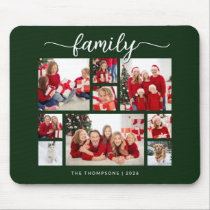 Family Christmas 9 Photo Collage Forest Green Mouse Pad