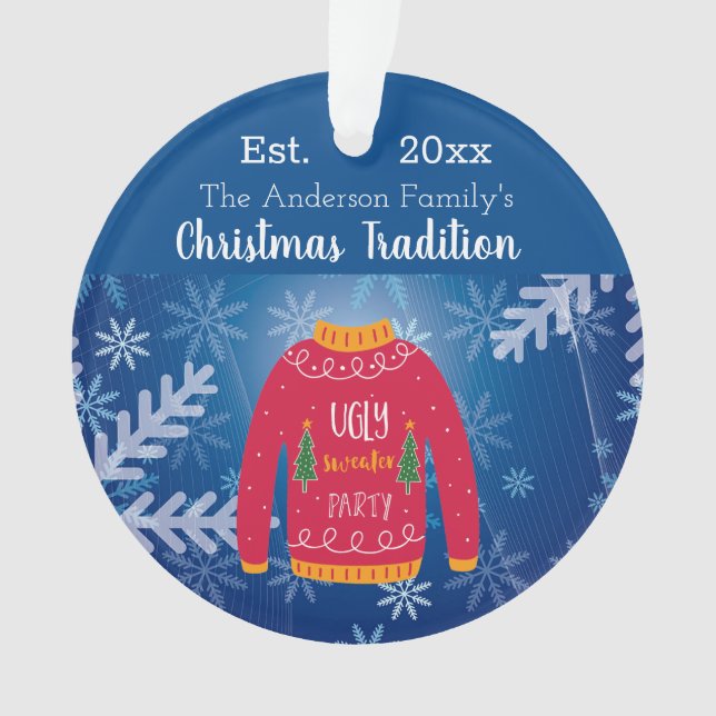 Family Christmas annual ugly sweater red blue Ornament (Front)