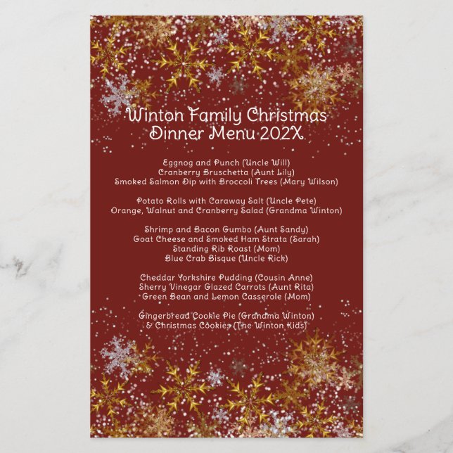Family Christmas Dinner Menu Snowflakes (Front)