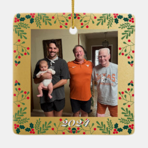 Family Christmas Double Photo Gold and Holly Frame Ceramic Ornament