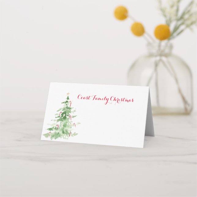Family Christmas Festive Watercolor Christmas Tree Place Card (Front)