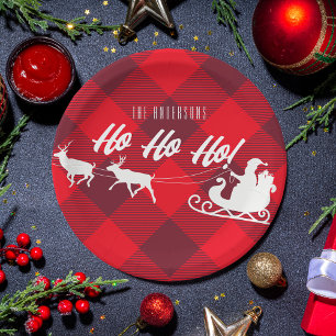 Family Christmas Ho Ho Ho! Santa Red Buffalo Plaid Paper Plate