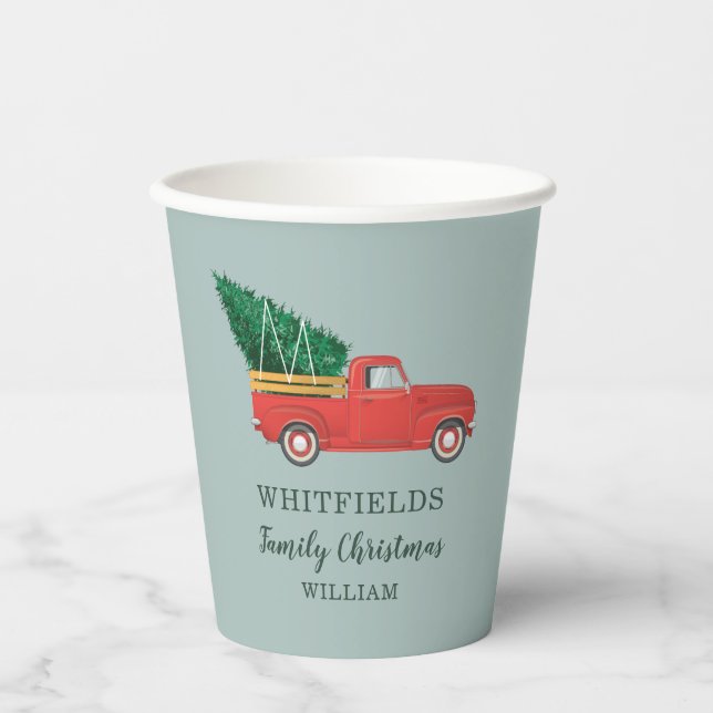 Family Christmas Holiday Red Truck Party Paper Cups (Front)