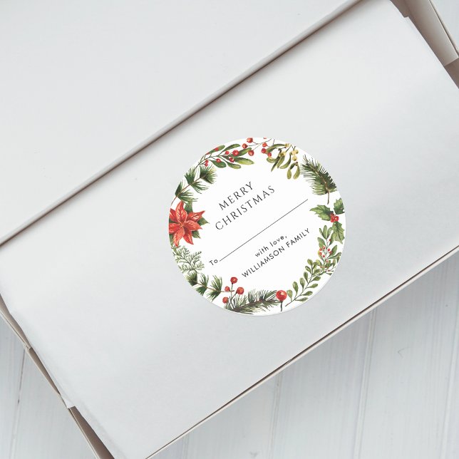 Family Christmas Holidays Botanical Modern Classic Round Sticker (Christmas Red Berries Botanical Modern Round Sticker)