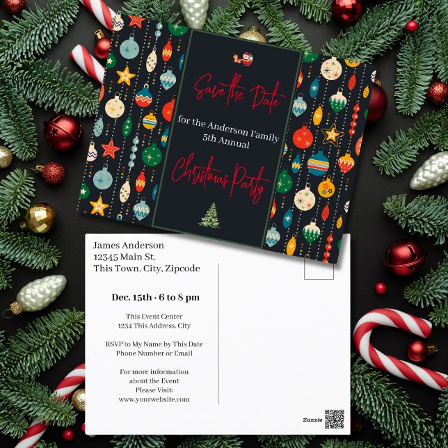 Family Christmas Party Save the Date Ornaments Postcard (Family Christmas Party Save the Date Ornaments Postcard)