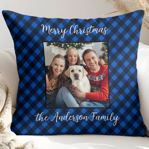 Family Christmas Personalised Photo Blue Plaid  Cushion