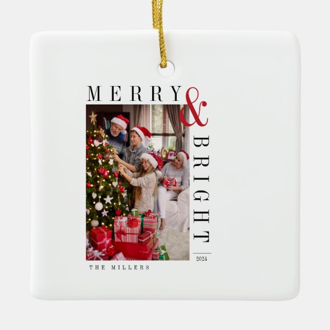 Family Christmas Photo Card Modern Script Holiday  Ceramic Ornament (Front)