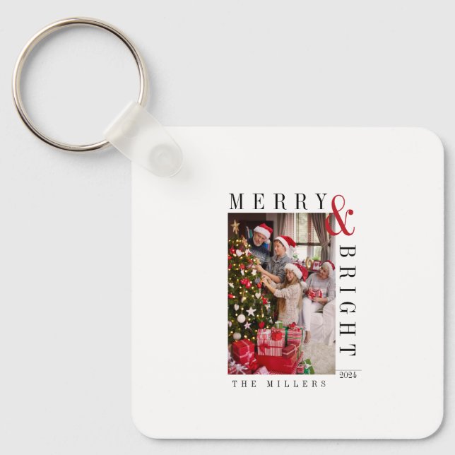 Family Christmas Photo Card Modern Script Holiday  Key Ring (Front)