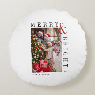 Family Christmas Photo Card Modern Script Holiday Round Cushion